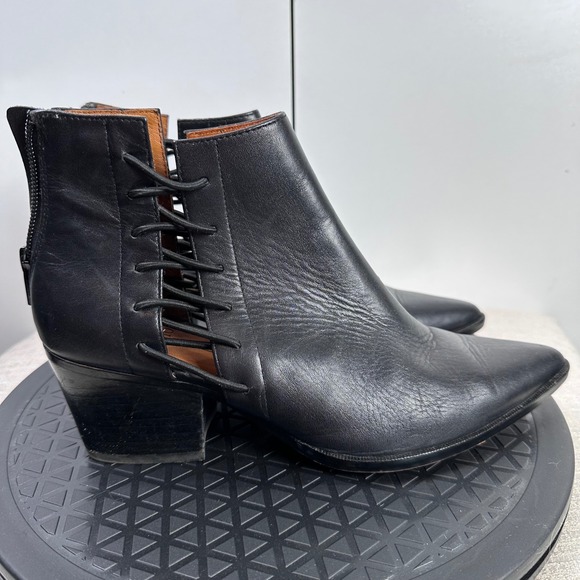 Linea‎ Paolo Womens 7M Black Leather Pointed Toe Lace Up Block Heel Ankle Boots - Picture 5 of 9